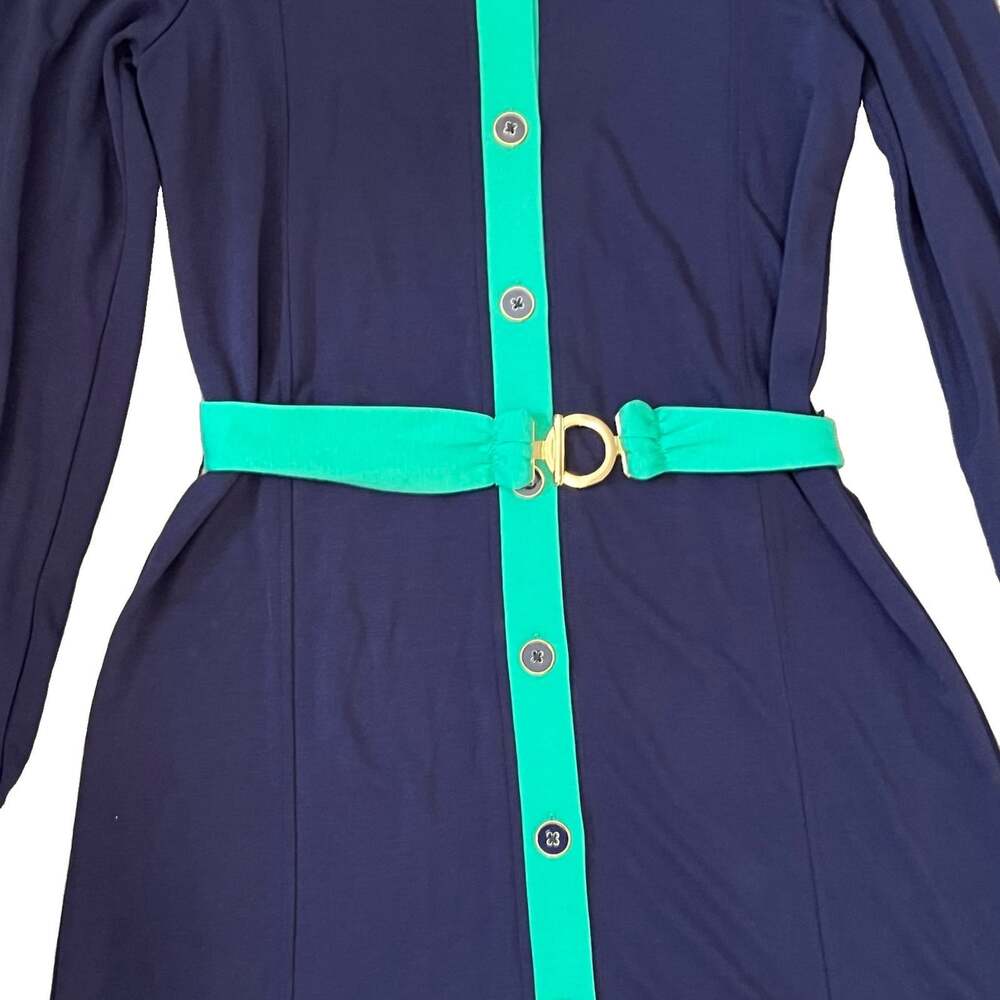 Lilly Pulitzer Knit Long Sleeve Dress Size Medium Belt Blue Green Gold Career - Picture 2 of 9